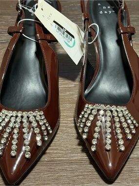a new day Brown Patent Pointed-Toe Slingback Heels with Crystal Straps